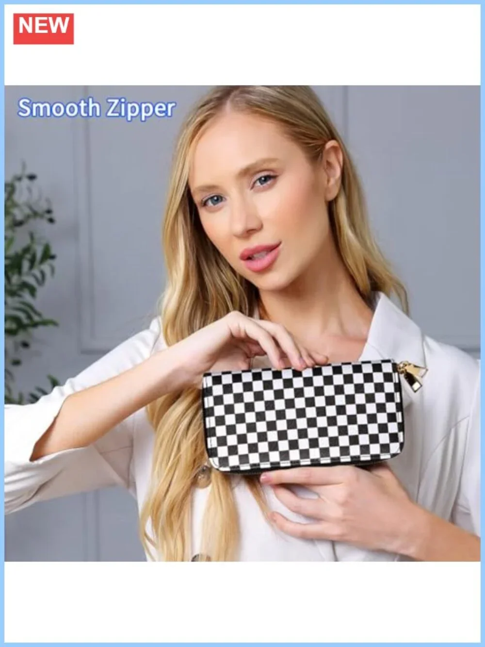 PU Leather Checkered Wallets for Women Double Zipper Large Capacity